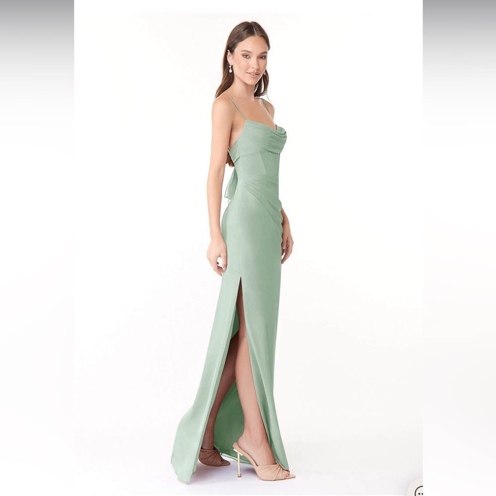 azazie bridesmaid dress in agave / wedding guest